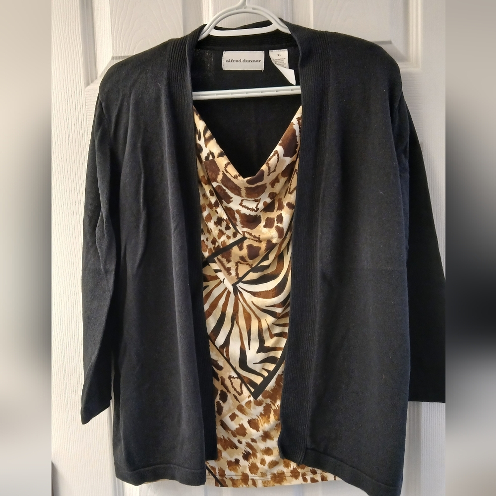 Alfred Dunner Layered Look Black Cardigan Animal Print Tank XL